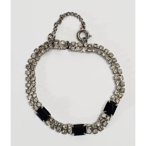 Vintage Eisenberg Ice Clear & Black Rhinestone Bracelet 7" Safety Chain - Picture 3 of 7